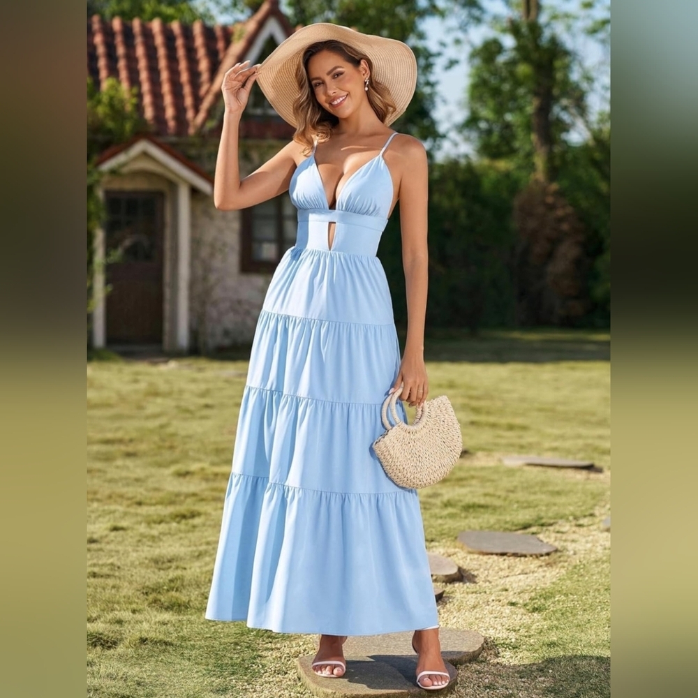 Boho Blue Maxi Dress NWT Flowy Tiered Sundress Cutout Back Size L 12 14